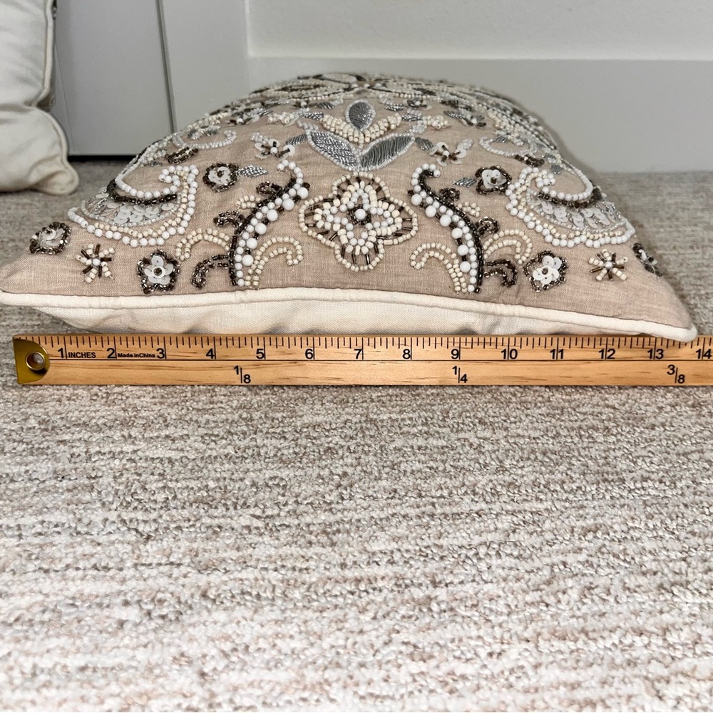 NOBLE EXCELLENCE® Two Embroidered Jeweled Tan Cream & Silver Decorative Pillows - Picture 15 of 15